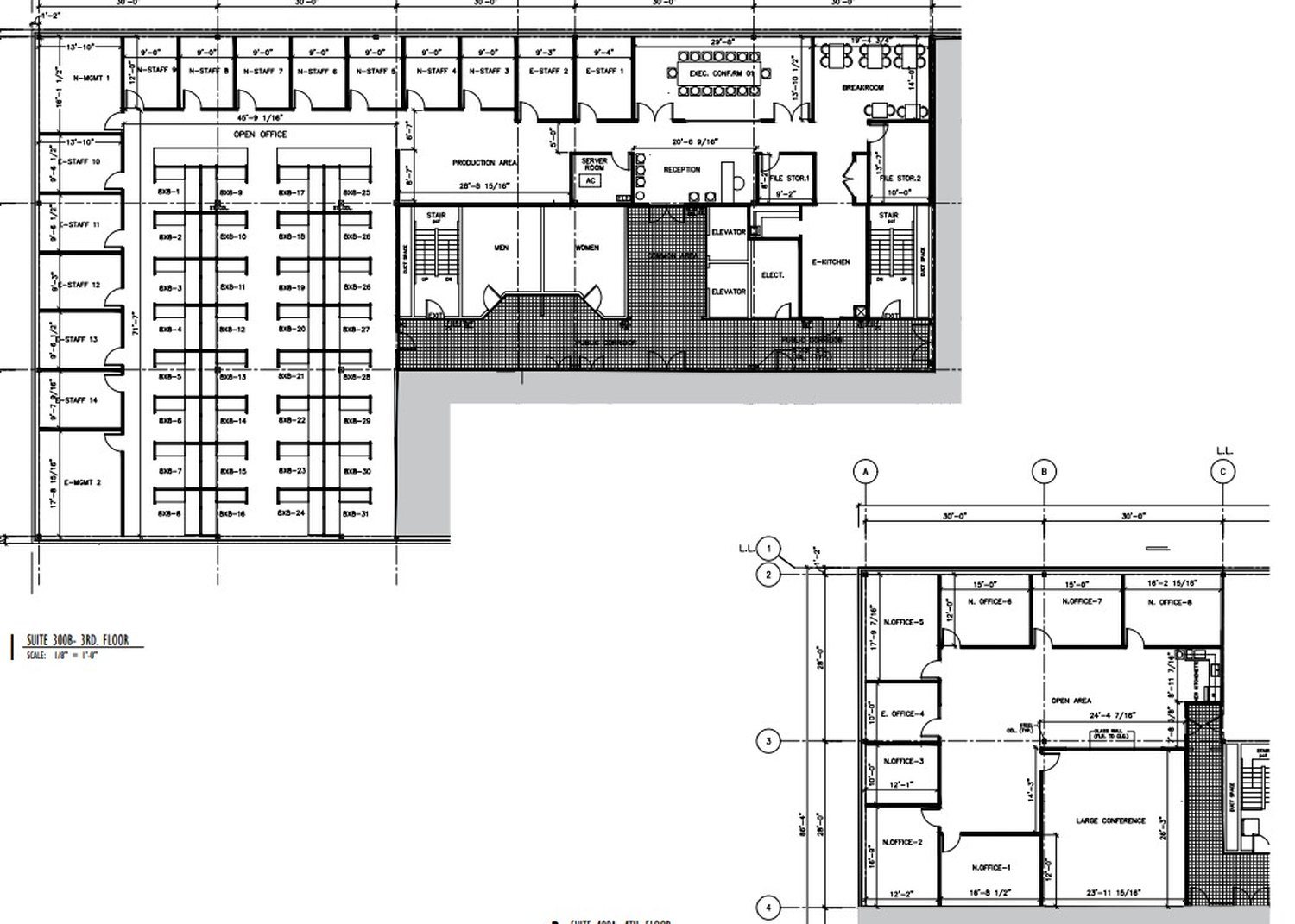 Two-dimensional office furniture floor plan for the third- and fourth-floor suites at Tata & Howard