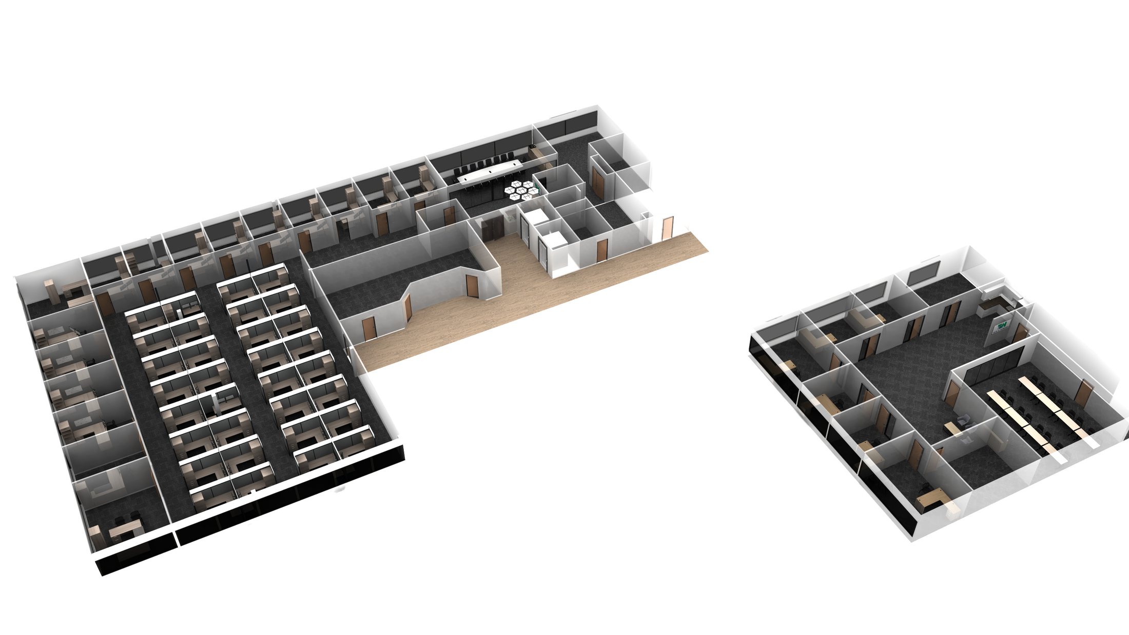 Three-dimensional cutaway rendering of both floors of the Tata & Howard office showing furniture placement